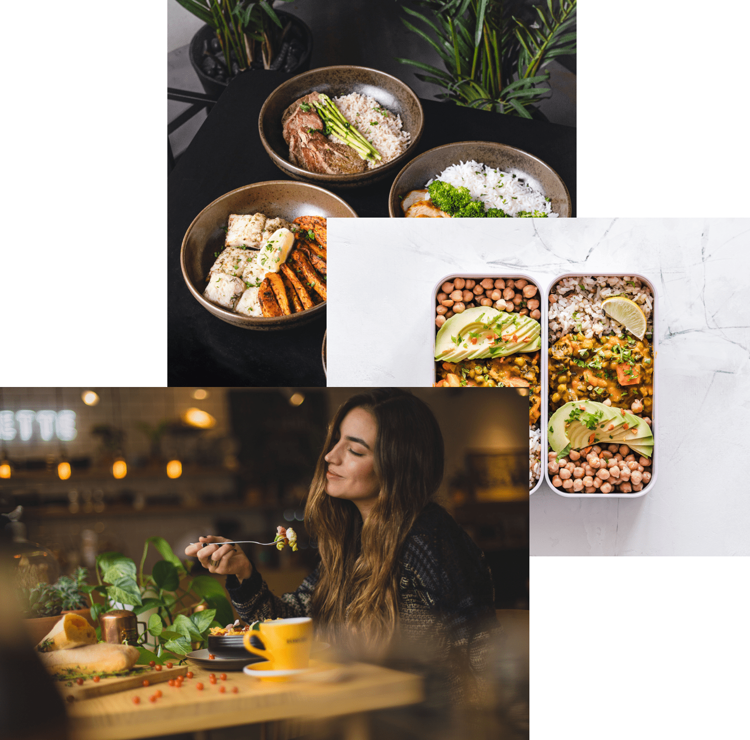 Woman enjoying food, meals in storage container, and food bowls on a table